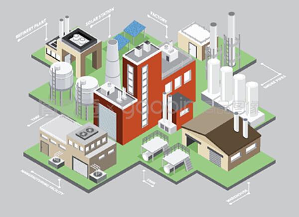 工業(yè)建筑等距信息集 工廠與倉(cāng)庫(kù)矢量插圖在商務(wù)信息咨詢中的應(yīng)用